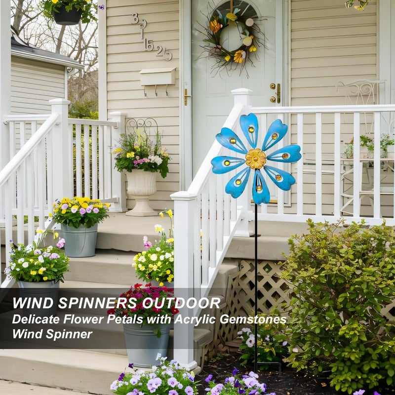 Senflame Flower Outdoor Metal Wind Spinner, Single-Layer Kinetic Garden Art with Vibrant Blue Finish - Weatherproof Wind Sculpture for Lawn, Patio, Yard Decor - 10''W x 36''H - Image 2